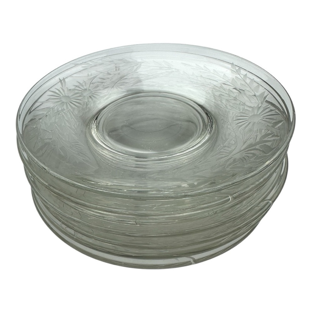 Vintage Etched Glass Flower And Wheat Glass Salad Dessert Plates Set Of 7